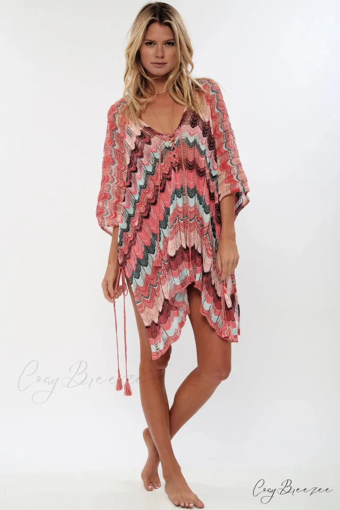 Hollow Deep V-neck Lace Up Tunic Mini Dress Pink / One Size bohodress-250126
