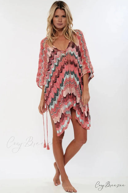 Hollow Deep V-neck Lace Up Tunic Mini Dress Pink / One Size bohodress-250126