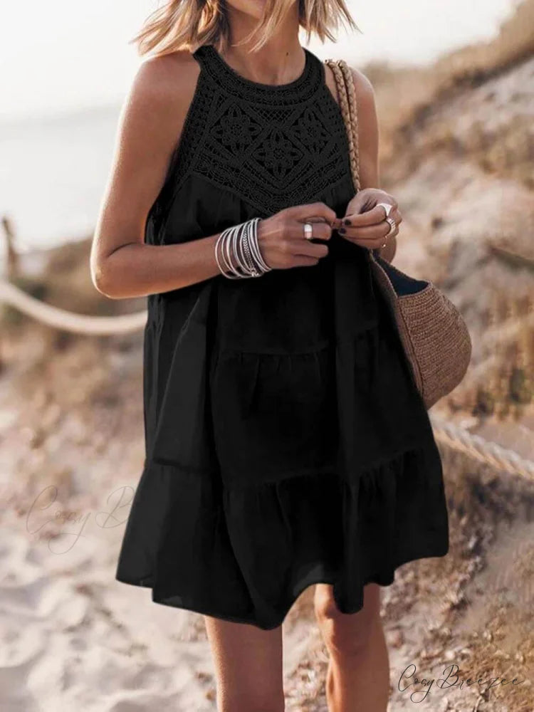 Hollow Lace Patchwork Charming Halterneck A-Line Mini Dress Black / S
