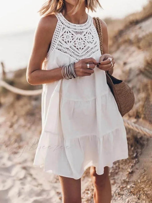 Hollow Lace Patchwork Charming Halterneck A-Line Mini Dress White / S