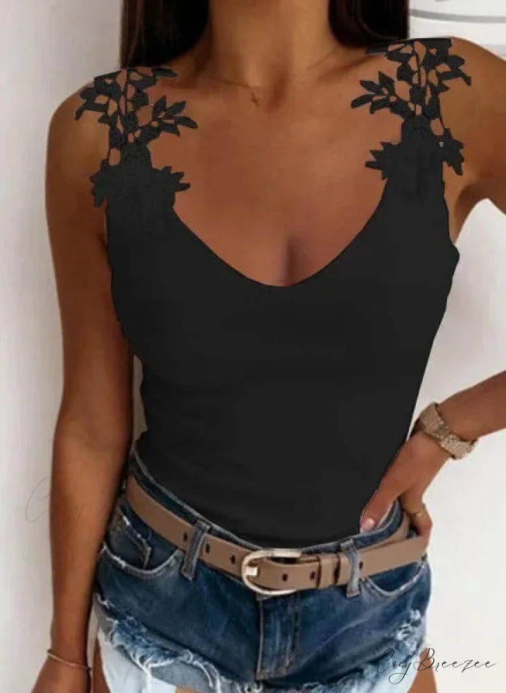 Hollow Lace Petal V-Neck Oversize Casual Slim Fit Tank Top Black / S croptop-250126