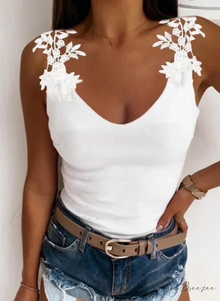 Hollow Lace Petal V-Neck Oversize Casual Slim Fit Tank Top White / S croptop-250126