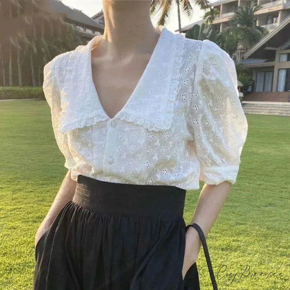 Hollow Lace Puff Sleeve Peter Pan Collar Crop Top blouse-250126