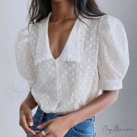 Hollow Lace Puff Sleeve Peter Pan Collar Crop Top blouse-250126