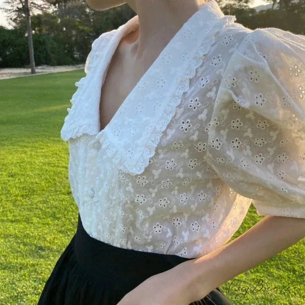Hollow Lace Puff Sleeve Peter Pan Collar Crop Top blouse-250126