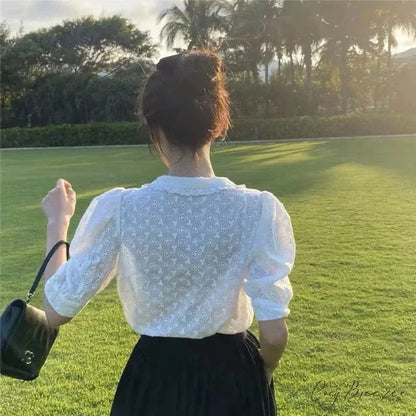 Hollow Lace Puff Sleeve Peter Pan Collar Crop Top blouse-250126