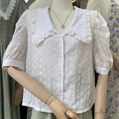 Hollow Lace Puff Sleeve Peter Pan Collar Crop Top blouse-250126