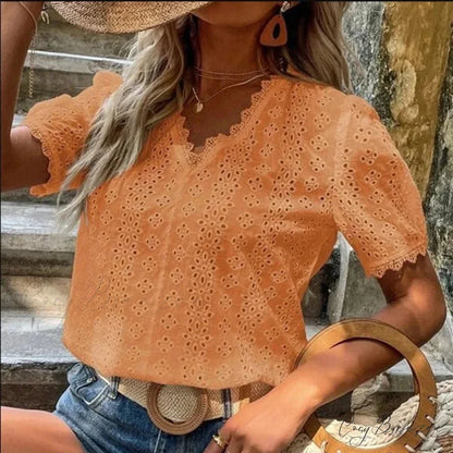 Hollow Lace Puff Sleeve V-neck Pullover Crop Top blouse-250126