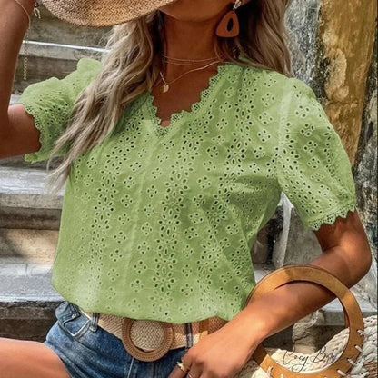 Hollow Lace Puff Sleeve V-neck Pullover Crop Top blouse-250126