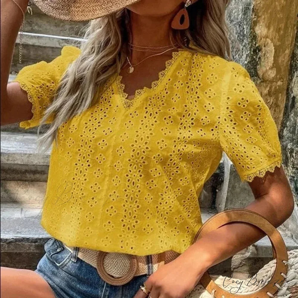 Hollow Lace Puff Sleeve V-neck Pullover Crop Top blouse-250126
