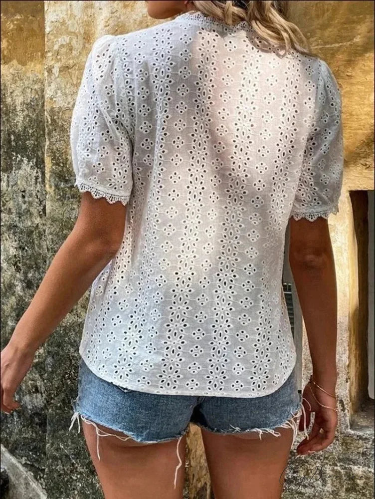 Hollow Lace Puff Sleeve V-neck Pullover Crop Top blouse-250126