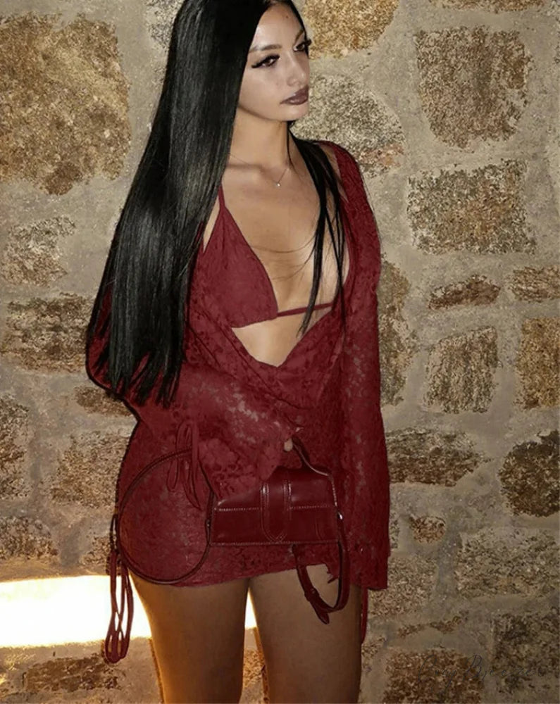 Hollow Long Sleeve Mini Dress Claret / S minidress-250223