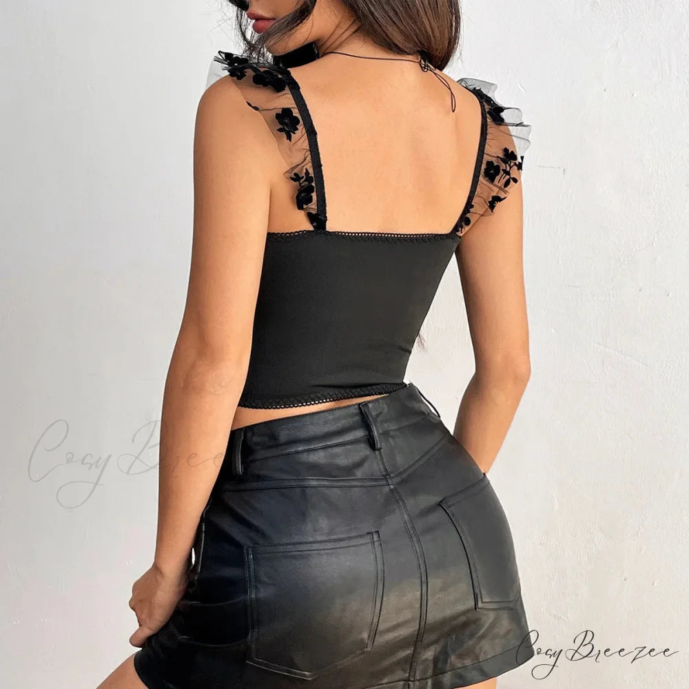 Hollow Mesh Spaghetti Strap Lace Camisole Corset croptop-250126