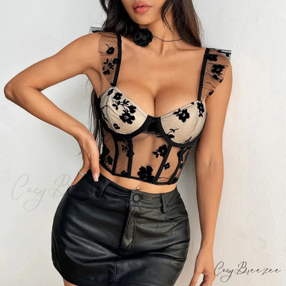 Hollow Mesh Spaghetti Strap Lace Camisole Corset croptop-250126