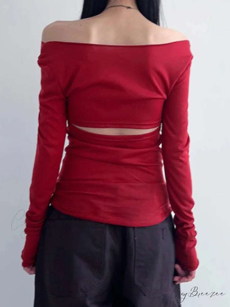 Hollow Out Bandage Slim Backless Slash Neck Long Sleeve Knit Top knittop-250126