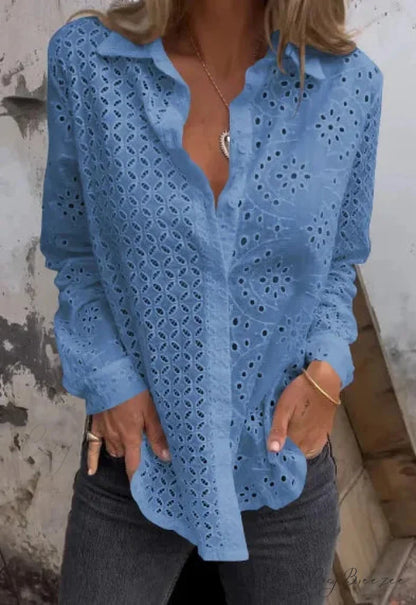 Hollow Out Cotton Floral Embroidery Long Sleeve Blouse Blue / S bohoblouse-250126