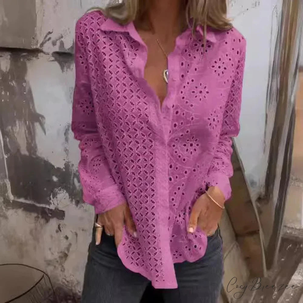 Hollow Out Cotton Floral Embroidery Long Sleeve Blouse bohoblouse-250126