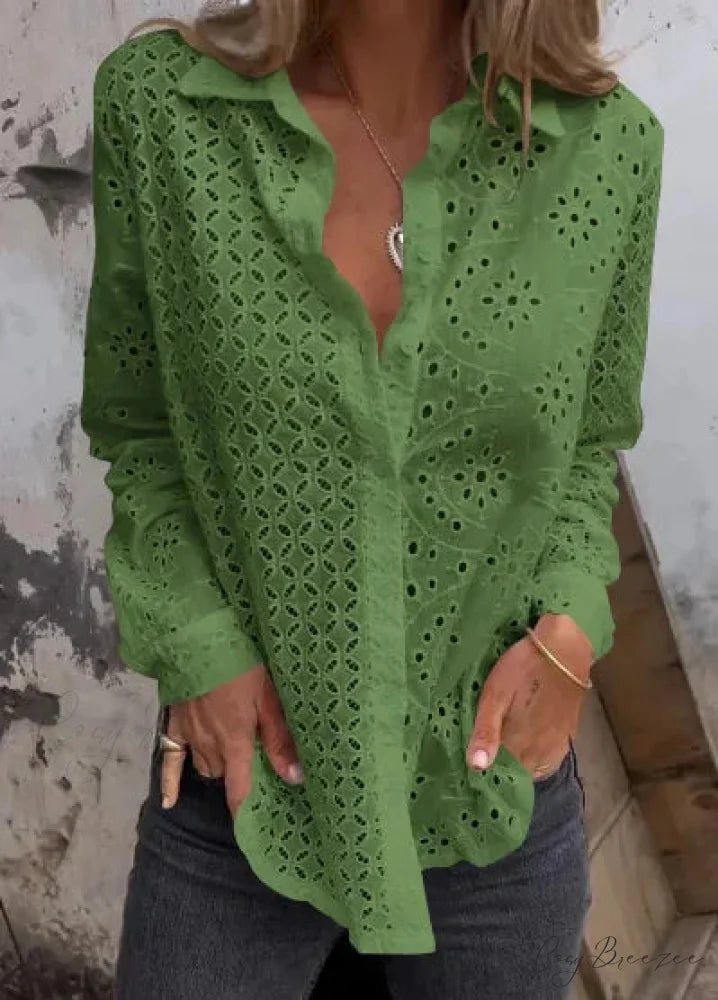 Hollow Out Cotton Floral Embroidery Long Sleeve Blouse Green / S bohoblouse-250126