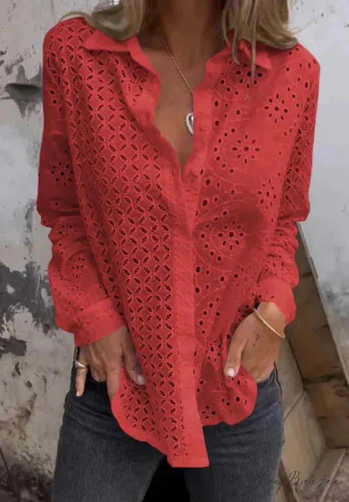 Hollow Out Cotton Floral Embroidery Long Sleeve Blouse Red / S bohoblouse-250126