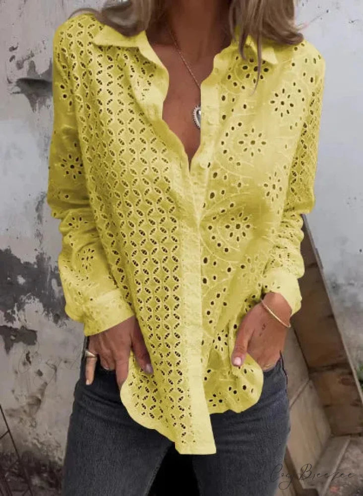 Hollow Out Cotton Floral Embroidery Long Sleeve Blouse Yellow / S bohoblouse-250126