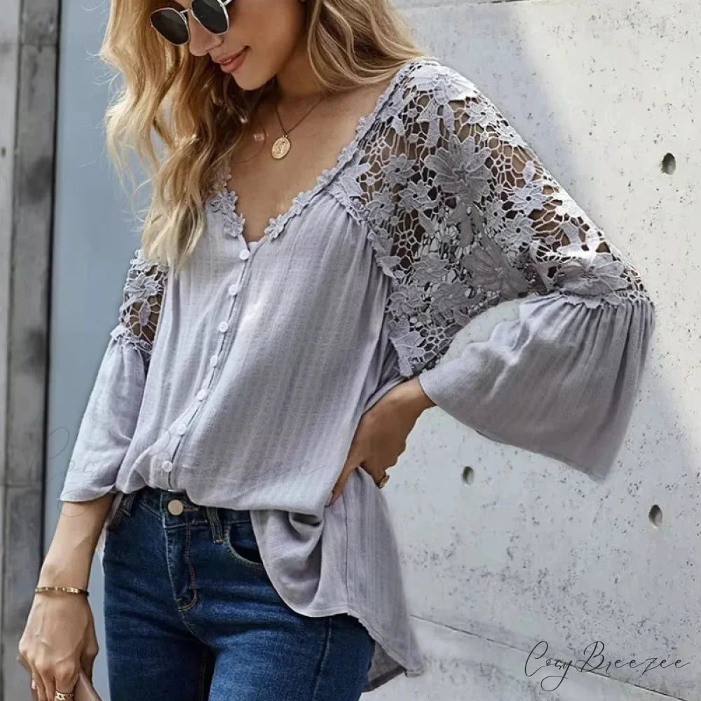 Hollow Out Deep V-Neck Flare Sleeve Boho Blouse bohoblouse-250126