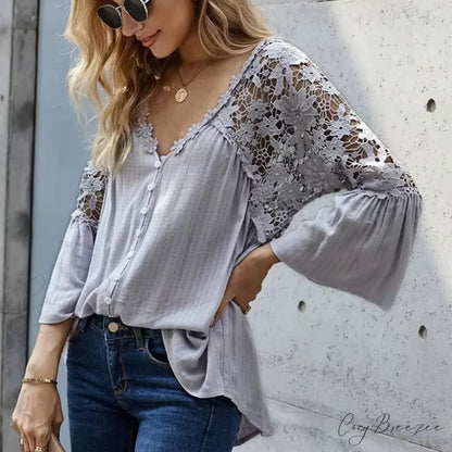 Hollow Out Deep V-Neck Flare Sleeve Boho Blouse bohoblouse-250126