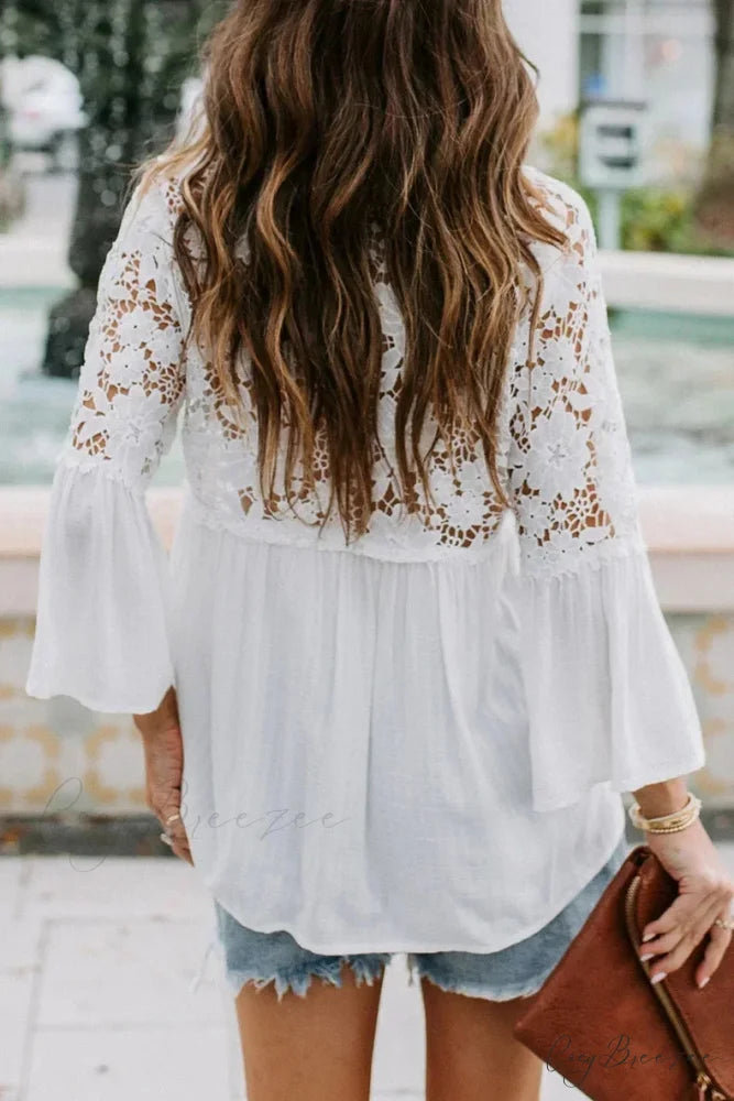 Hollow Out Deep V-Neck Flare Sleeve Boho Blouse bohoblouse-250126
