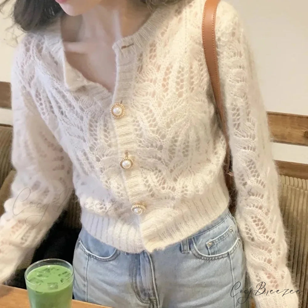 Hollow Out Elegant Vintage Long Sleeve Cardigan Ivory / One Size cardiagn-250126