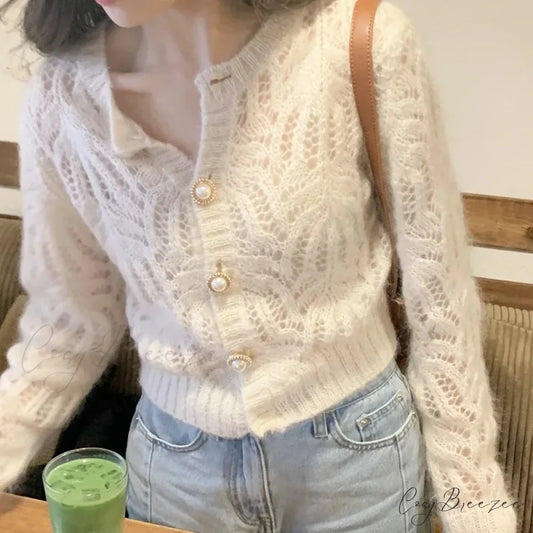 Hollow Out Elegant Vintage Long Sleeve Cardigan Ivory / One Size cardiagn-250126