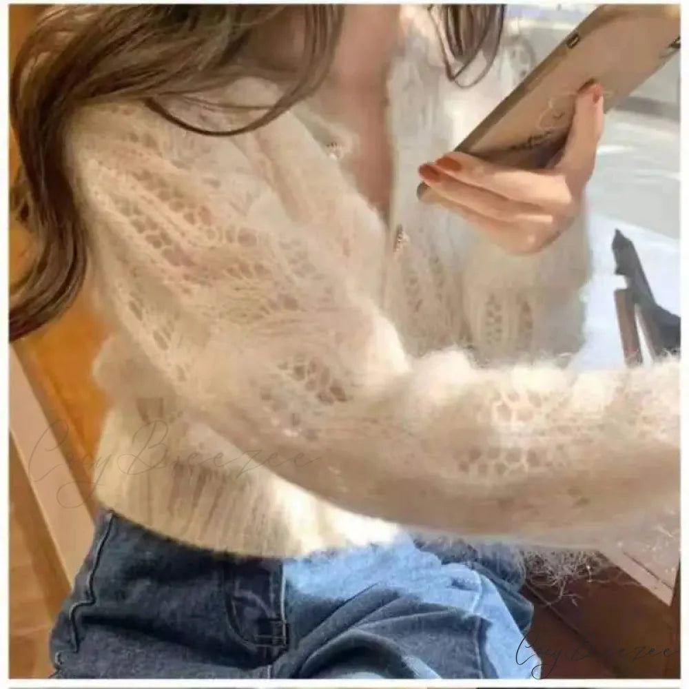 Hollow Out Elegant Vintage Long Sleeve Cardigan Ivory / One Size cardiagn-250126