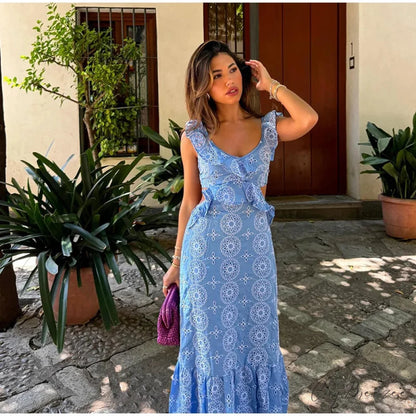 Hollow Out Embroidery Backless Ruffle Maxi Dress Blue / S floraldress-250126