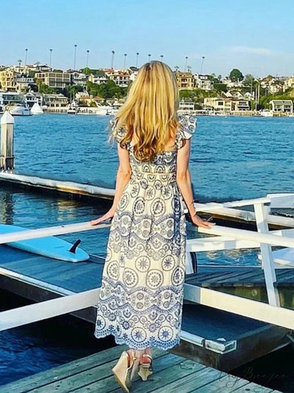 Hollow Out Floral Embroidery Flying Sleeve Dress bohodress-250126