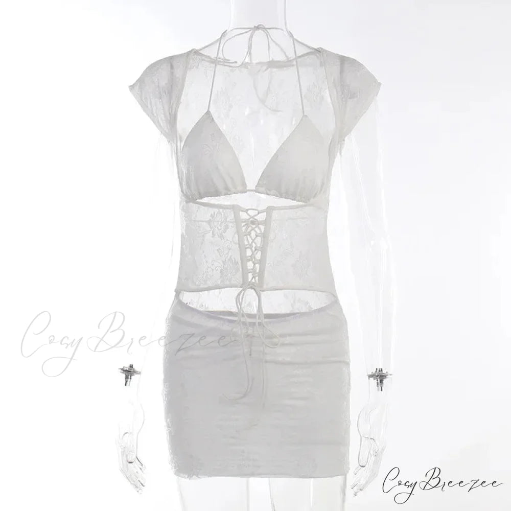 Hollow Out Jacquard Lace Co-ords Set Mini Dress