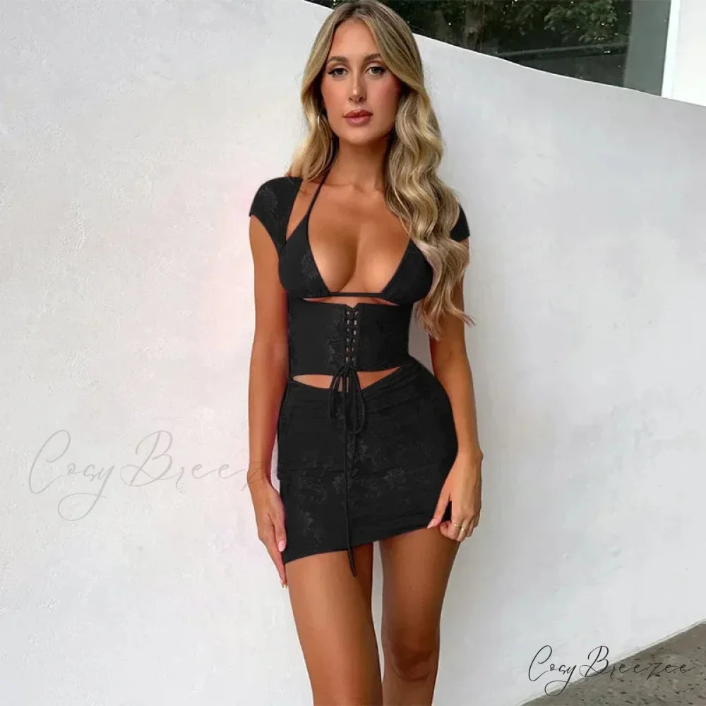 Hollow Out Jacquard Lace Co-ords Set Mini Dress Black / S