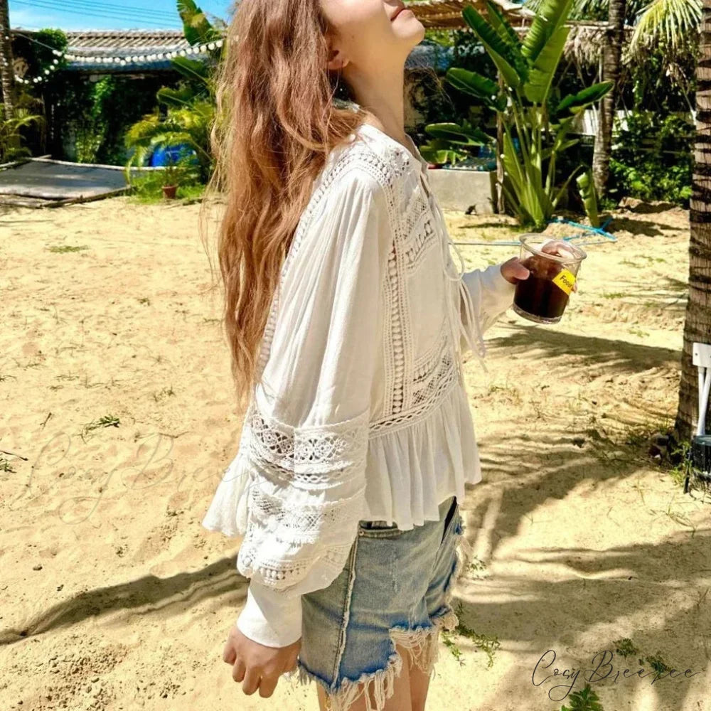 Hollow Out Lace Ethnic Long Sleeve Ruffles Boho Blouse bohoblouse-250126