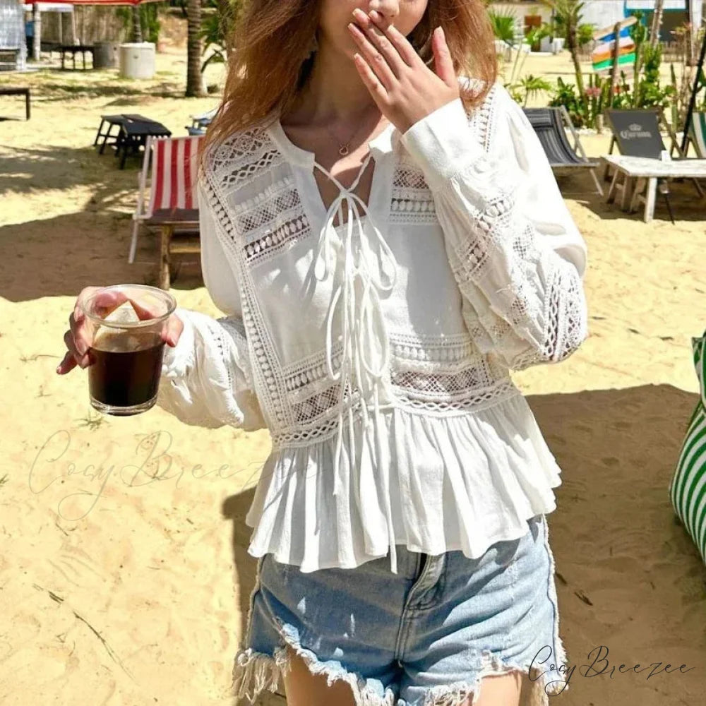 Hollow Out Lace Ethnic Long Sleeve Ruffles Boho Blouse bohoblouse-250126