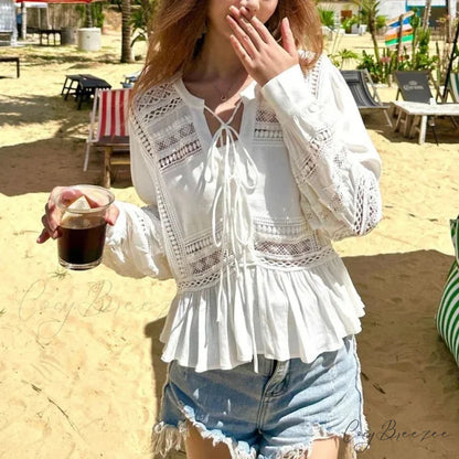 Hollow Out Lace Ethnic Long Sleeve Ruffles Boho Blouse bohoblouse-250126