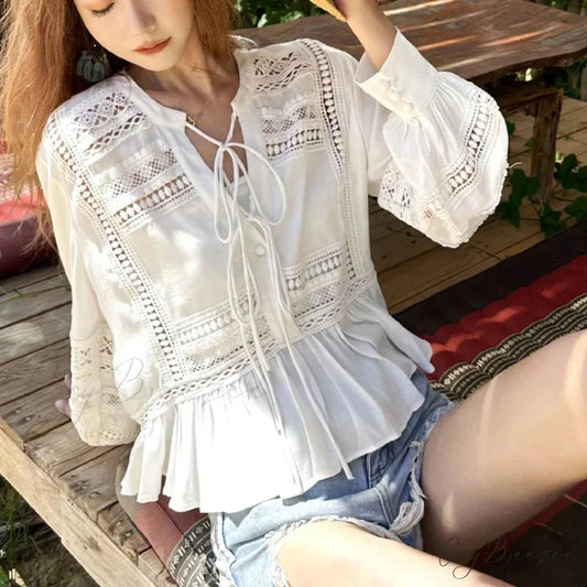 Hollow Out Lace Ethnic Long Sleeve Ruffles Boho Blouse bohoblouse-250126