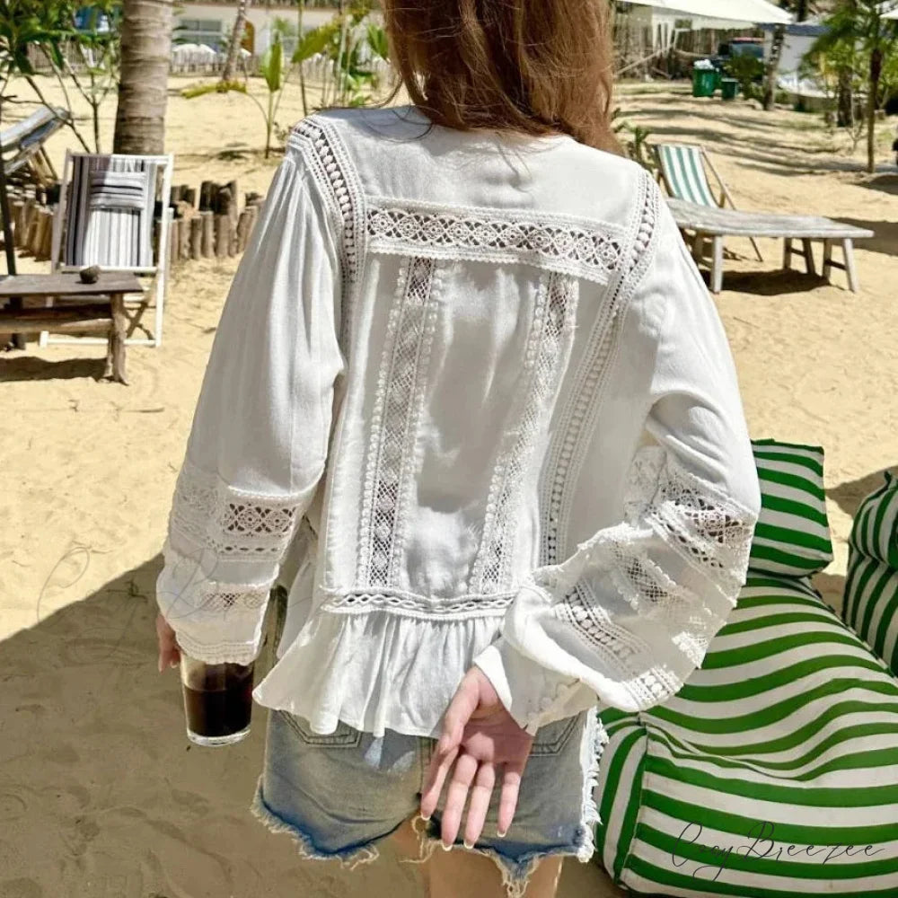 Hollow Out Lace Ethnic Long Sleeve Ruffles Boho Blouse bohoblouse-250126
