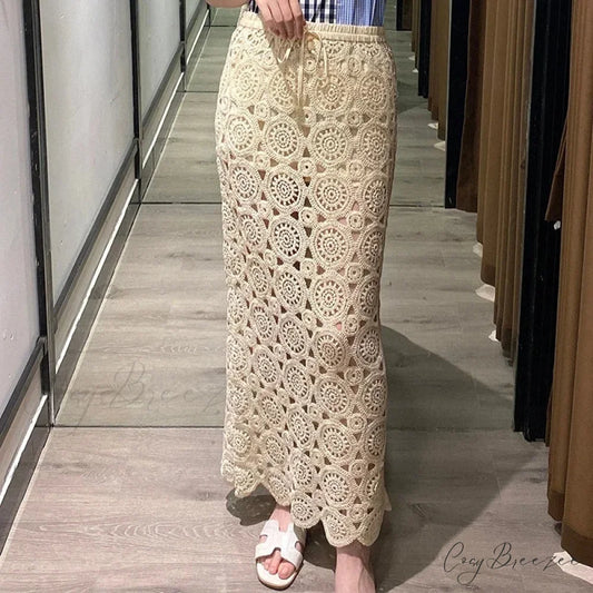 Hollow Out Lace Maxi Skirt Summer Long Women Lace Skirt Beige / One Size skirt-250126