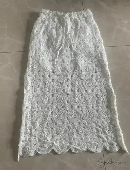 Hollow Out Lace Maxi Skirt Summer Long Women Lace Skirt WHITE / One Size skirt-250126