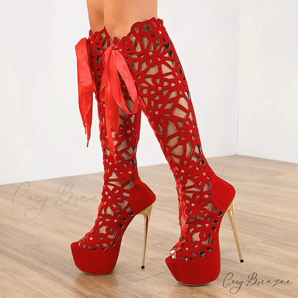 Hollow-Out Lace-Up Platform Knee-High Sexy Sandals Cross-Tie Peep-ToeFashionable High Heel