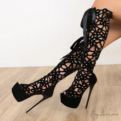 Hollow-Out Lace-Up Platform Knee-High Sexy Sandals Cross-Tie Peep-ToeFashionable High Heel
