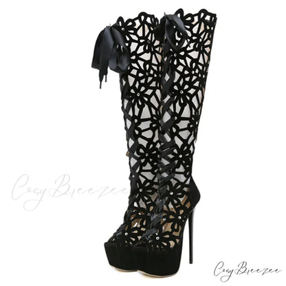 Hollow-Out Lace-Up Platform Knee-High Sexy Sandals Cross-Tie Peep-ToeFashionable High Heel Black / 35