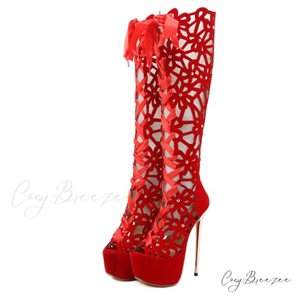 Hollow-Out Lace-Up Platform Knee-High Sexy Sandals Cross-Tie Peep-ToeFashionable High Heel Red / 35