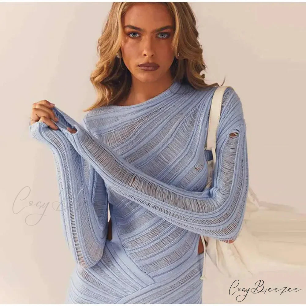 Hollow Out Long Sleeve Knitted Slim Mini Dress Light Blue / S