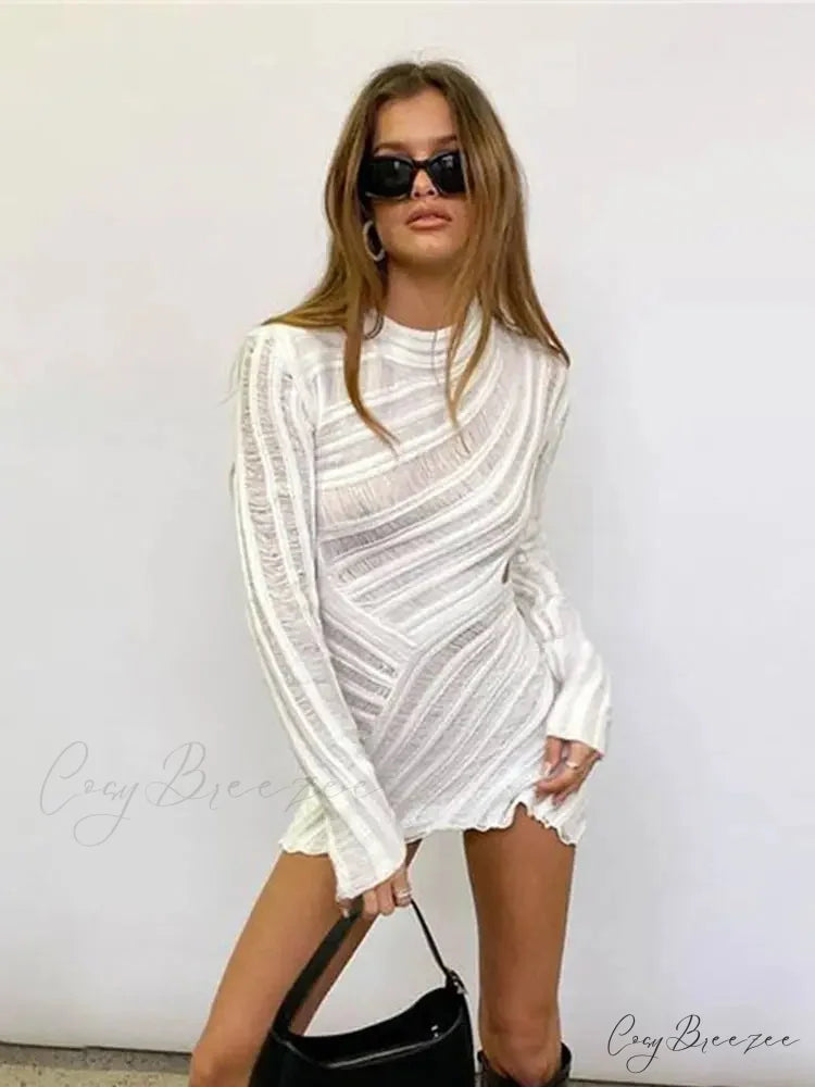 Hollow Out Long Sleeve Knitted Slim Mini Dress WHITE / S