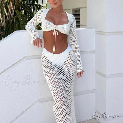 Hollow Out Long Sleeve Tie-Up Crop Top Bodycon Maxi Skirt Set twopiecesset-250126