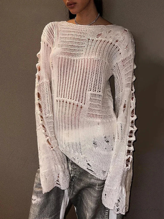 Hollow Out Loose O-Neck Long Sleeve Knitted Pullover Sweater WHITE / S knittop-250126