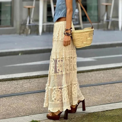 Hollow Out Maxi Skirt Solid Color A-line Hook Romantic Holiday Beige / One Size skirt-250126